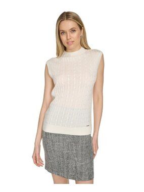 Calvin Klein Crewneck Cap-Sleeve Sweater Top Cream Petite Size PM $59 NEW